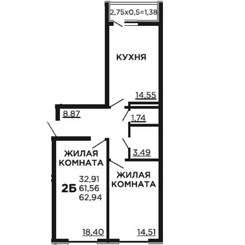 Планировка 2 комнатной квартиры S=62,94 м2
