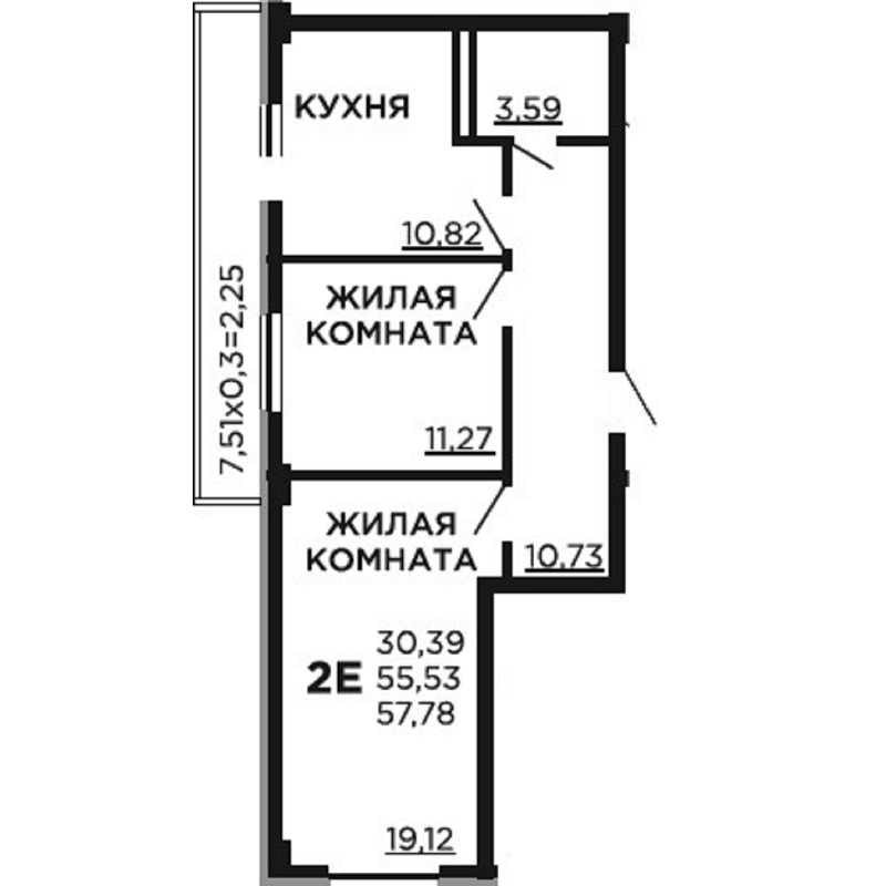 Планировка 2 комнатной квартиры S=57,78 м2
