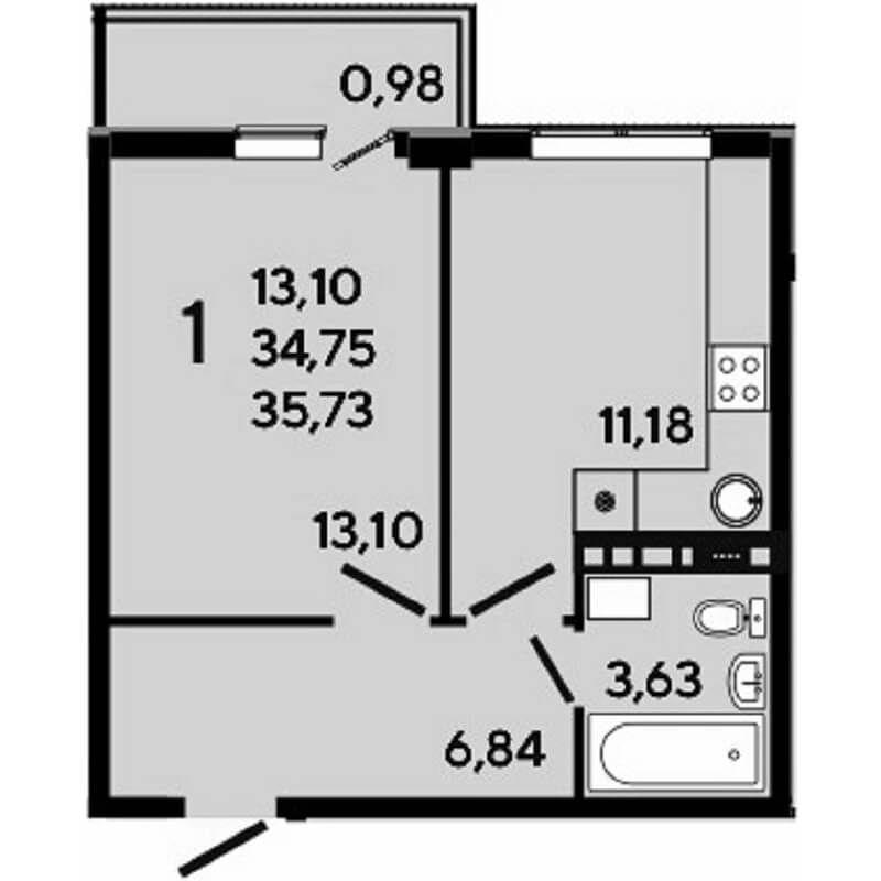 Планировка 1 комнатной квартиры S=35,73 м2