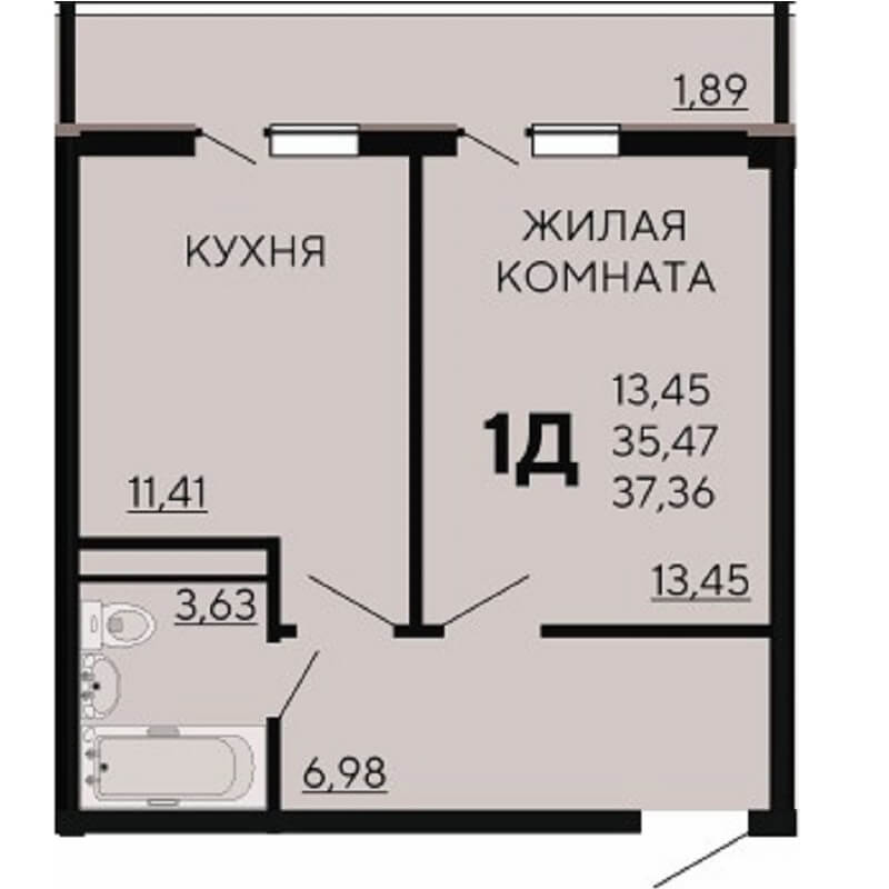 Планировка 1 комнатной квартиры S=37,36 м2