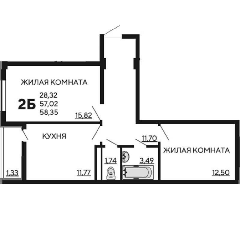 Планировка 2 комнатной квартиры S=58,35 м2