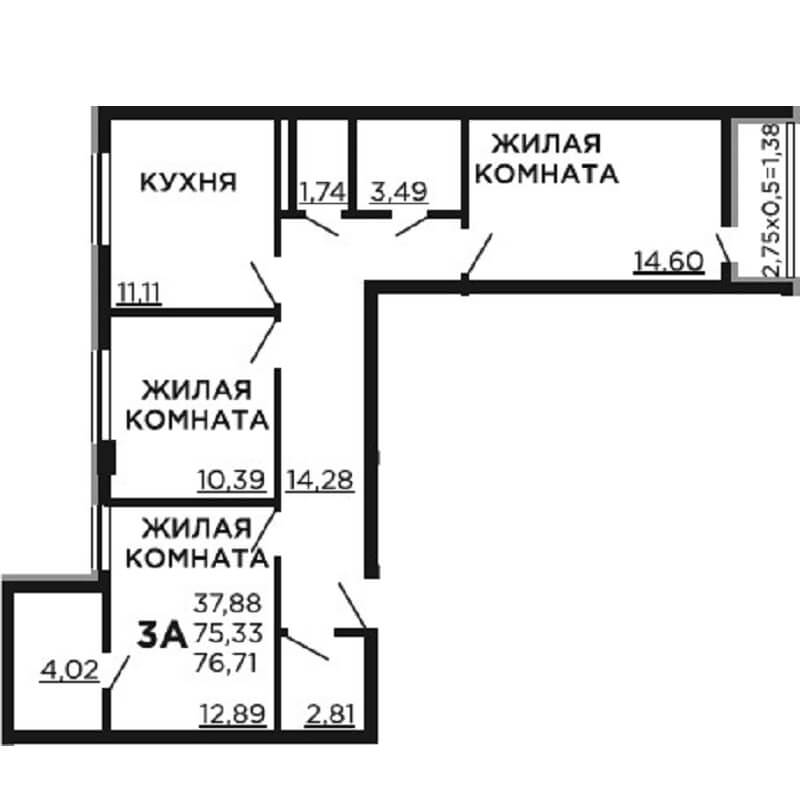 Планировка 3 комнатной квартиры S=76,71 м2