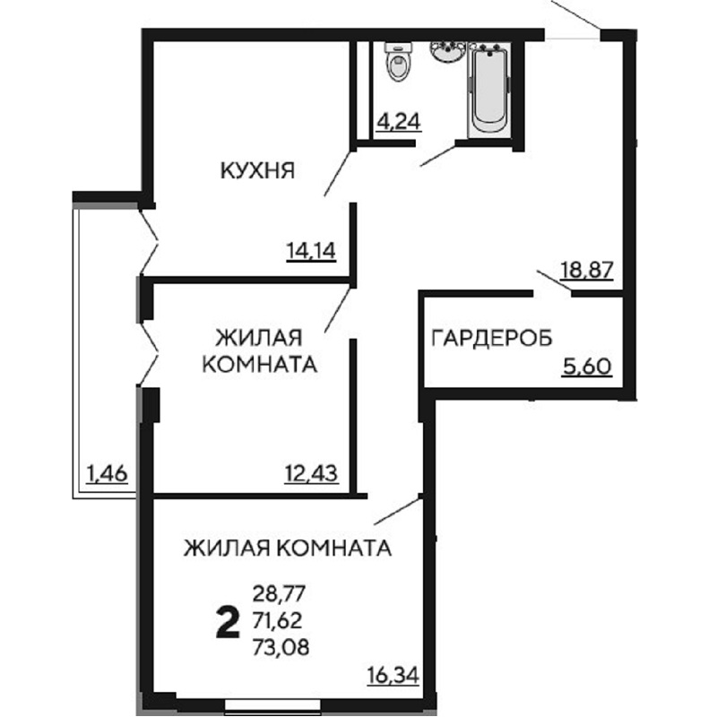 Планировка 2 комнатной квартиры S=73,08 м2