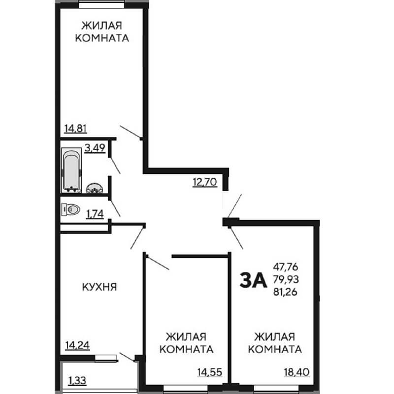 Планировка 3 комнатной квартиры S=81,26 м2