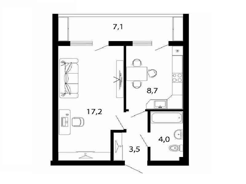 Планировка 1 комнатной квартиры с ремонтом 40,5 м2 под херсонский сертификат